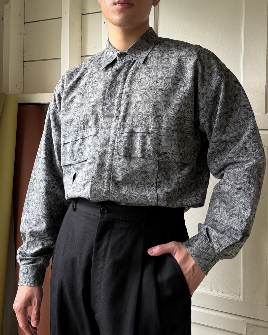 80s Versace Woven Gray Shirt | L - Lucky Vintage