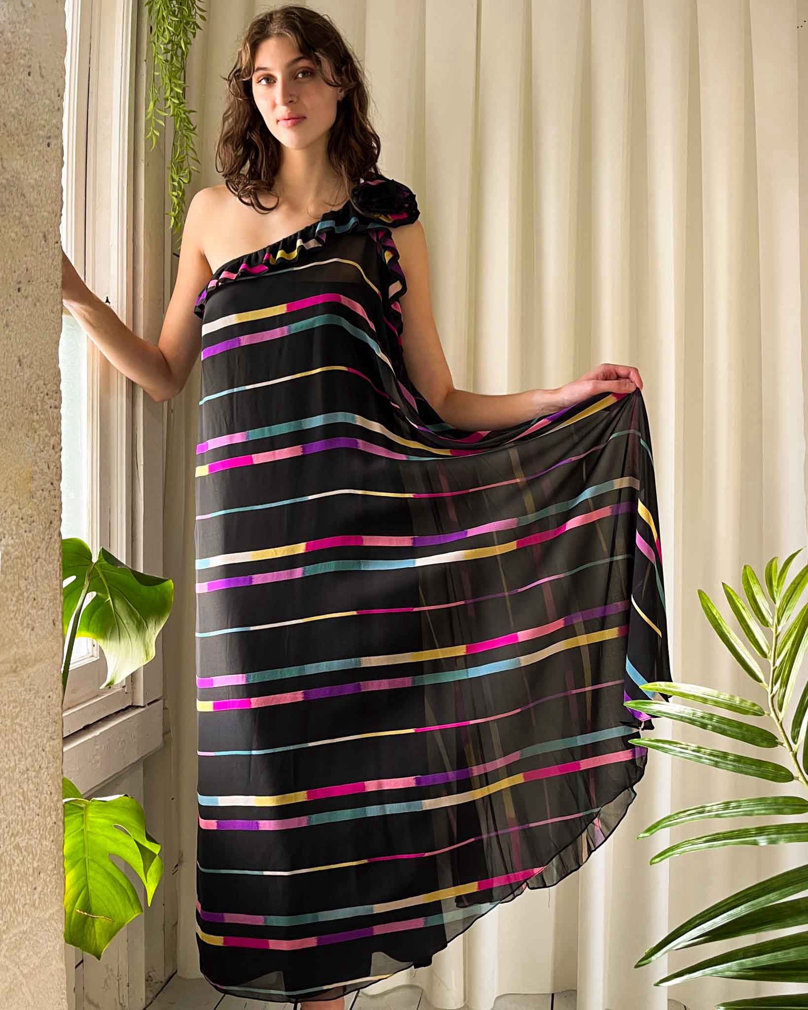 vintage one shoulder dress 1960s One Shoulder Ruched Slit Satin Dress
