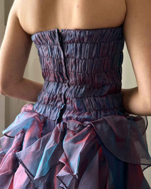 80s Iridescent Ruffled Strapless Dress | XS-S