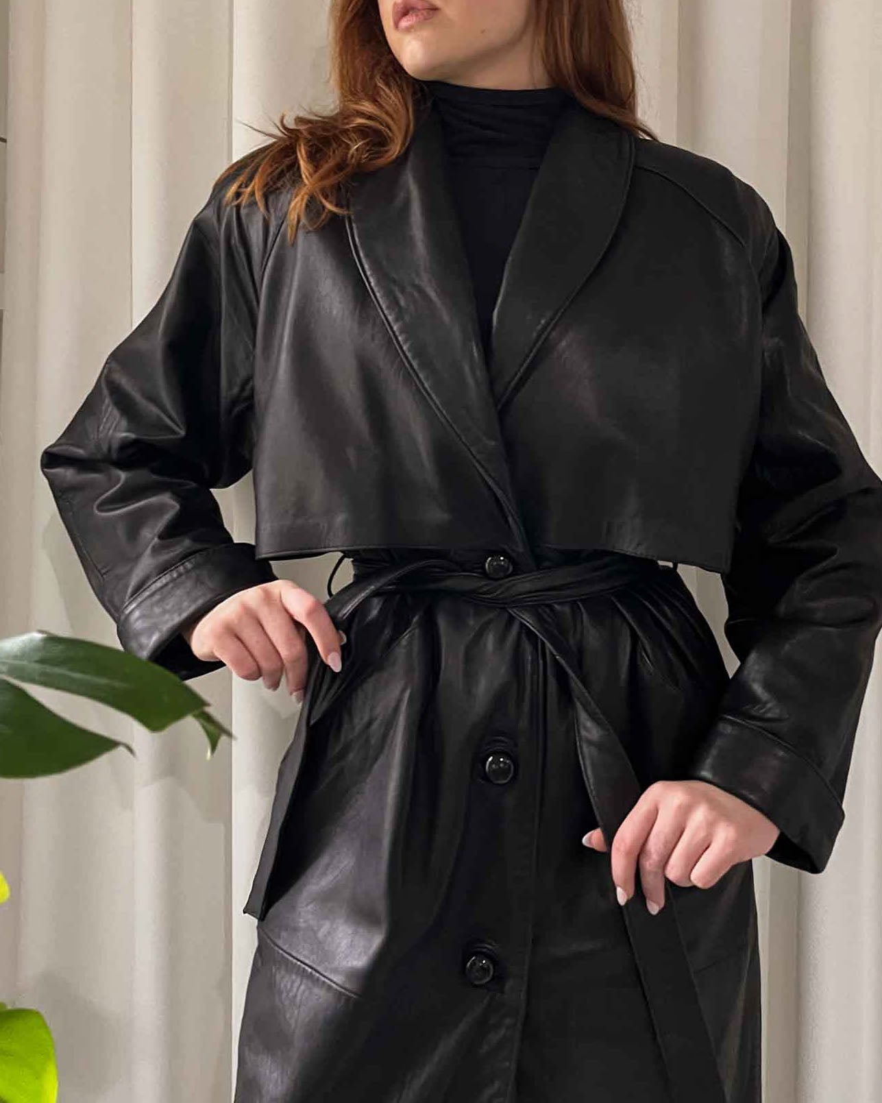 90s Black Leather Trench