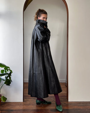 80s Black Leather Trapeze Coat | M-L