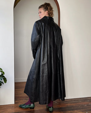 80s Black Leather Trapeze Coat | M-L