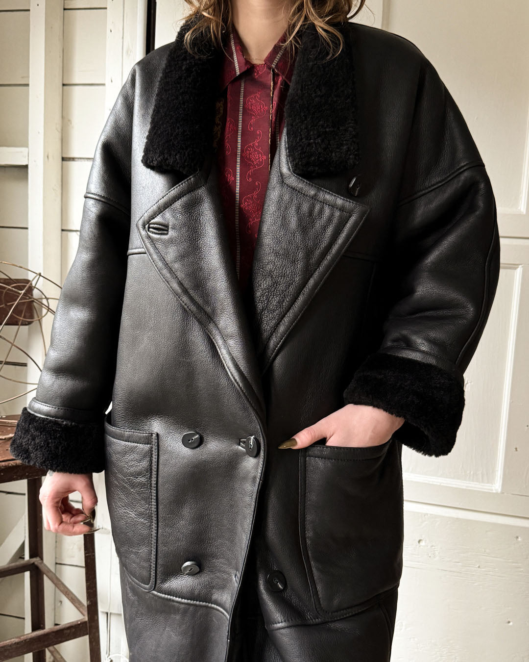 80s Black Leather Shearling Fur Coat | M