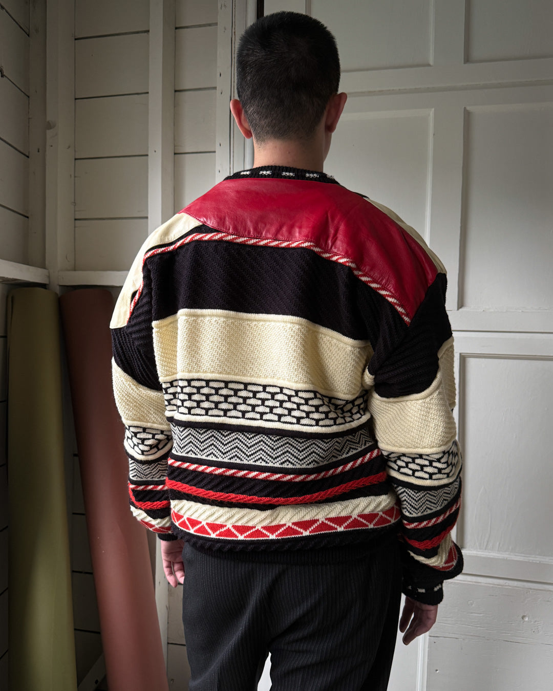 90s Leather Patchwork Sweater | L