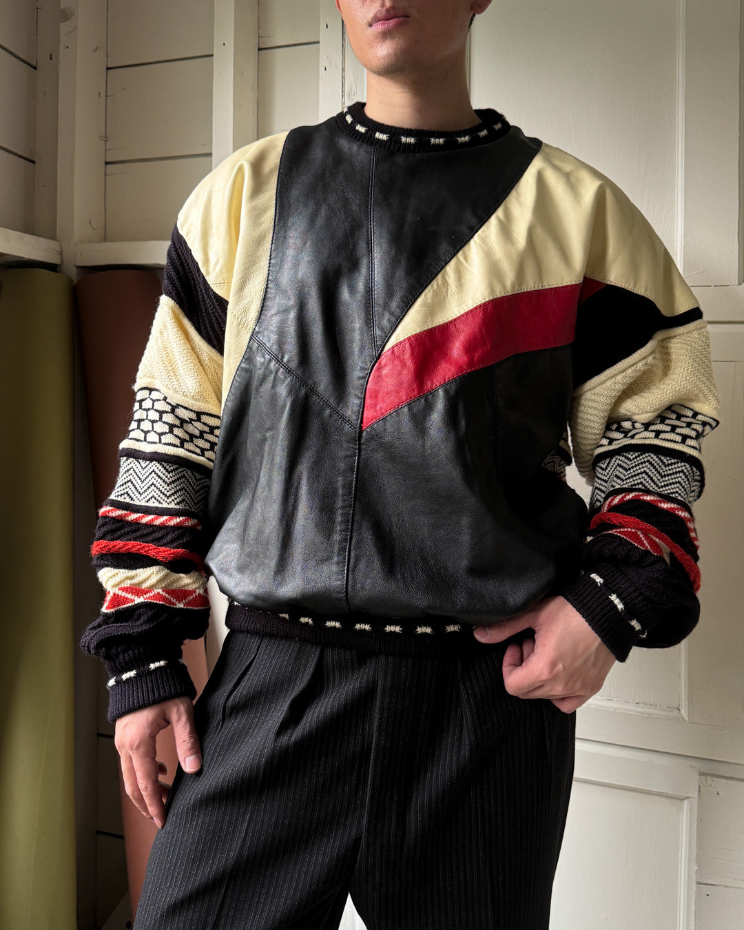 90s Leather Patchwork Sweater | L