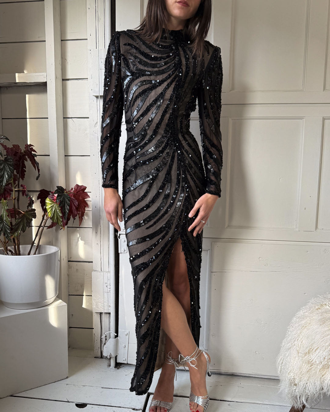 90s Beaded Nude Illusion Gown | S 90s Beaded Nude Illusion Gown | S