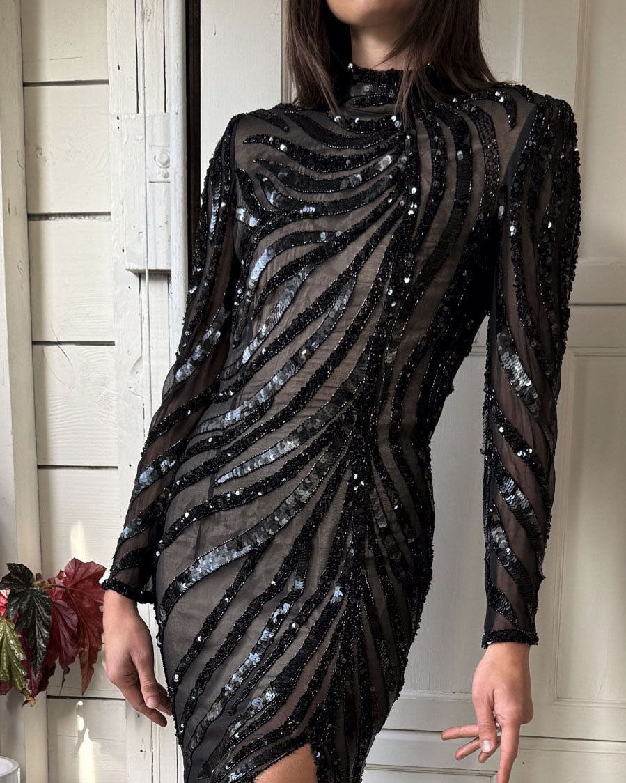 90s Beaded Nude Illusion Gown | S 90s Beaded Nude Illusion Gown | S