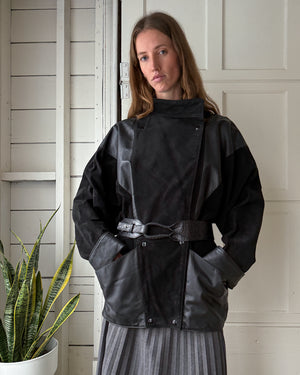 80s Leather Funnel Neck Jacket | L