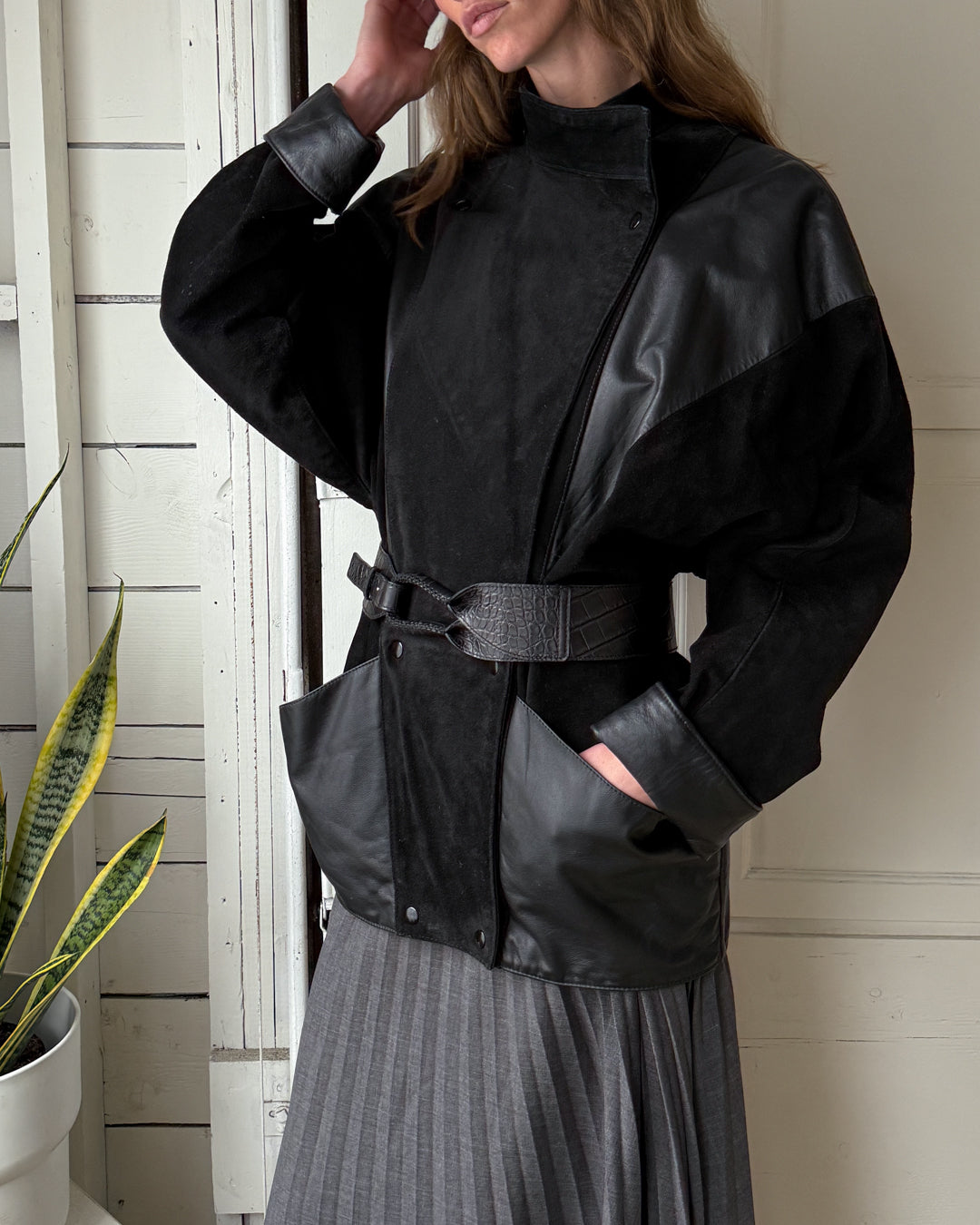 80s Leather Funnel Neck Jacket | L