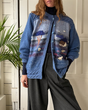 80s Blue Pastoral Mohair Cardigan | XL