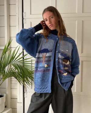 80s Blue Pastoral Mohair Cardigan | XL