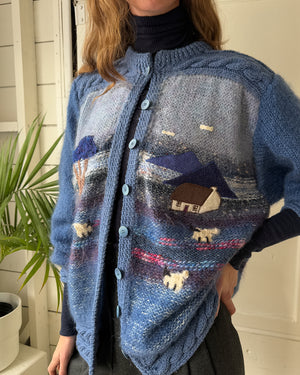 80s Blue Pastoral Mohair Cardigan | XL