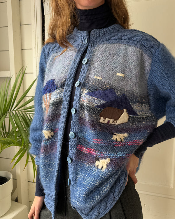 80s Blue Pastoral Mohair Cardigan | XL - Lucky Vintage
