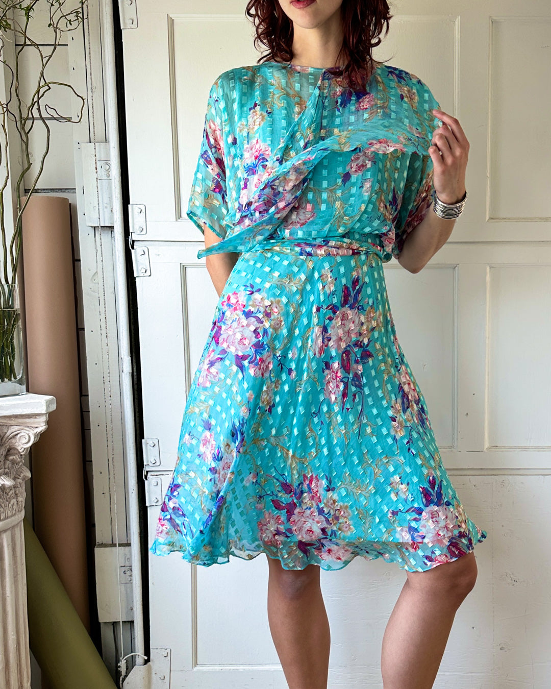 80s Belted Silk Dress | S