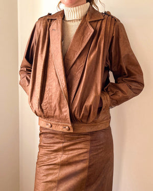 80s Leather Bomber Jacket & Skirt | M