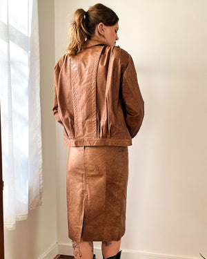 80s Leather Bomber Jacket & Skirt | M