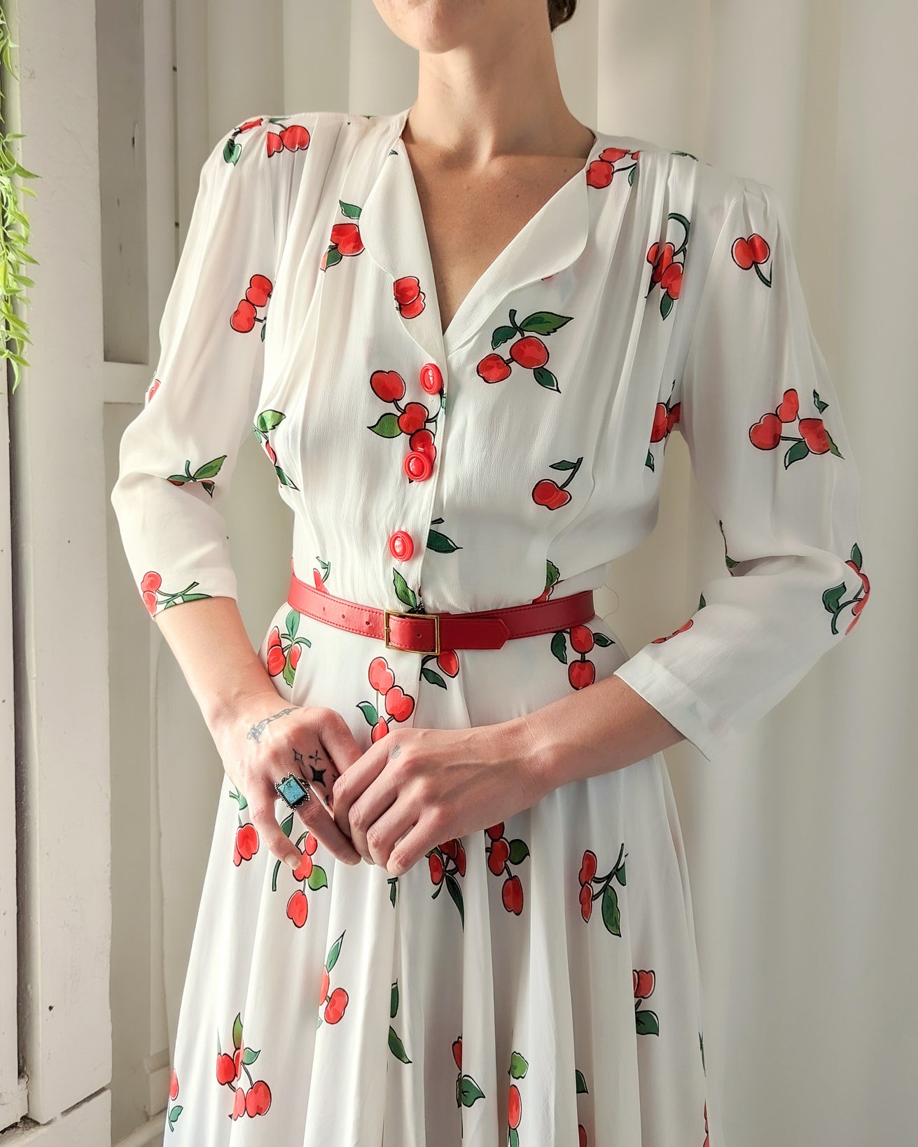 80s Cherry Print Belted Dress - Lucky Vintage
