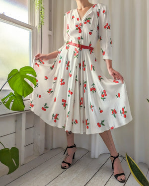80s Cherry Print Belted Dress