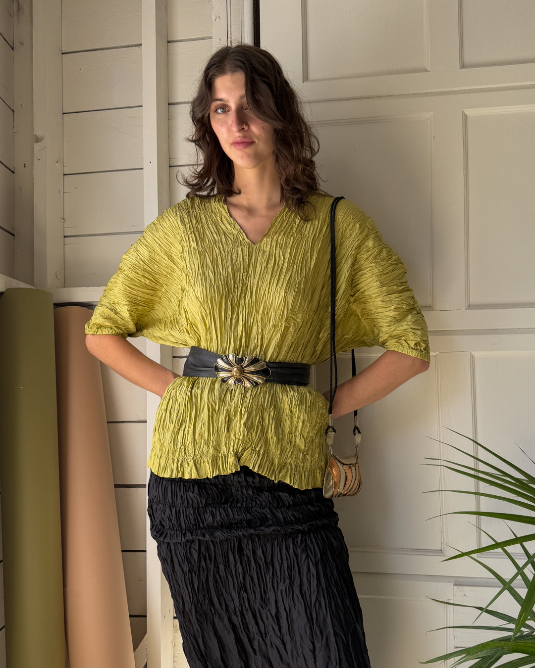 90s Citron Crinkle Silk Top | M-L