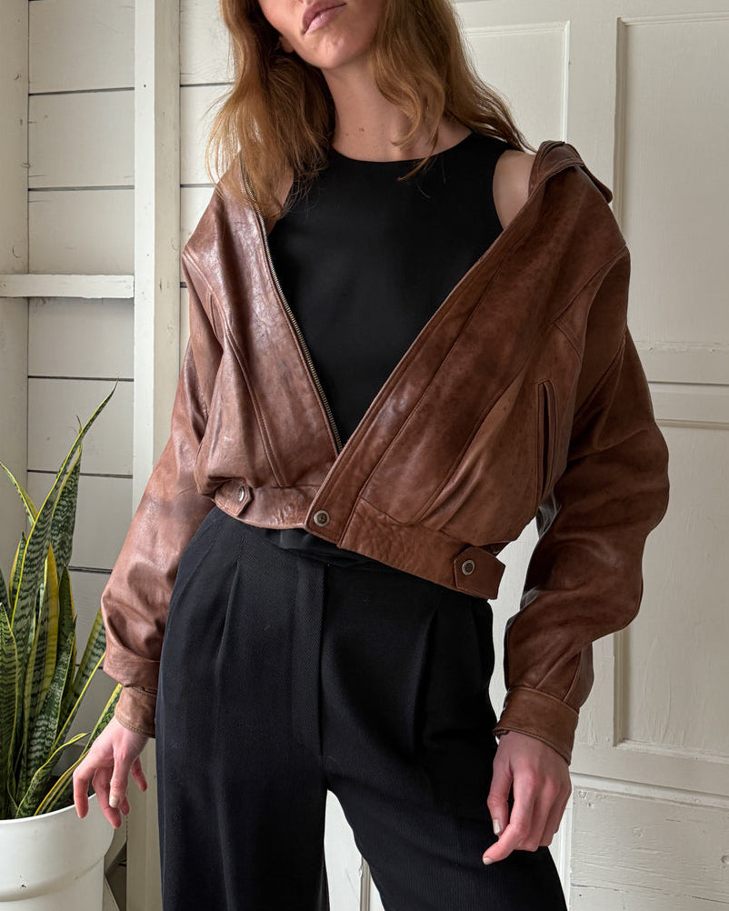80s Brown Leather Bomber Jacket | M-L - Lucky Vintage