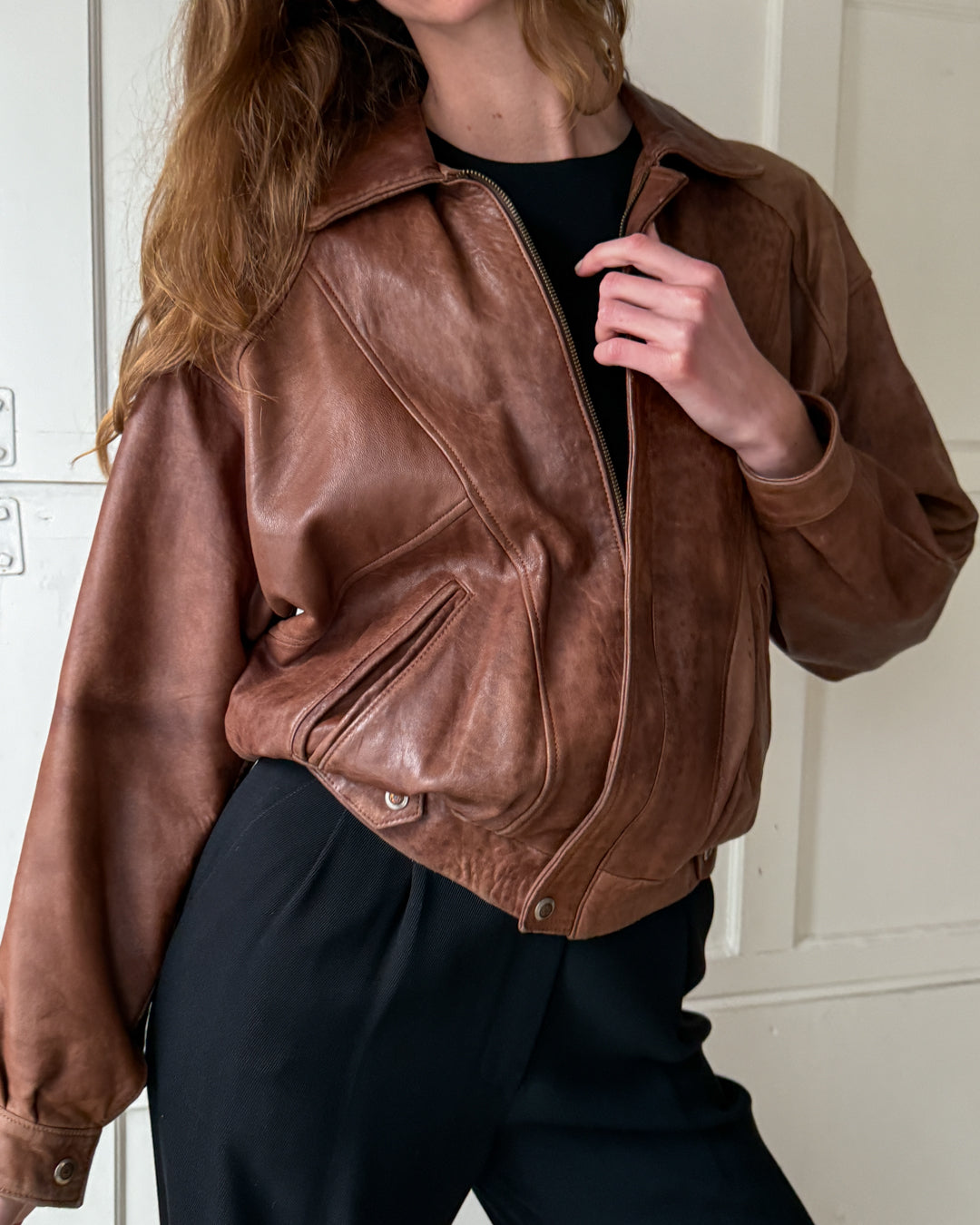80s Brown Leather Bomber Jacket | M-L - Lucky Vintage