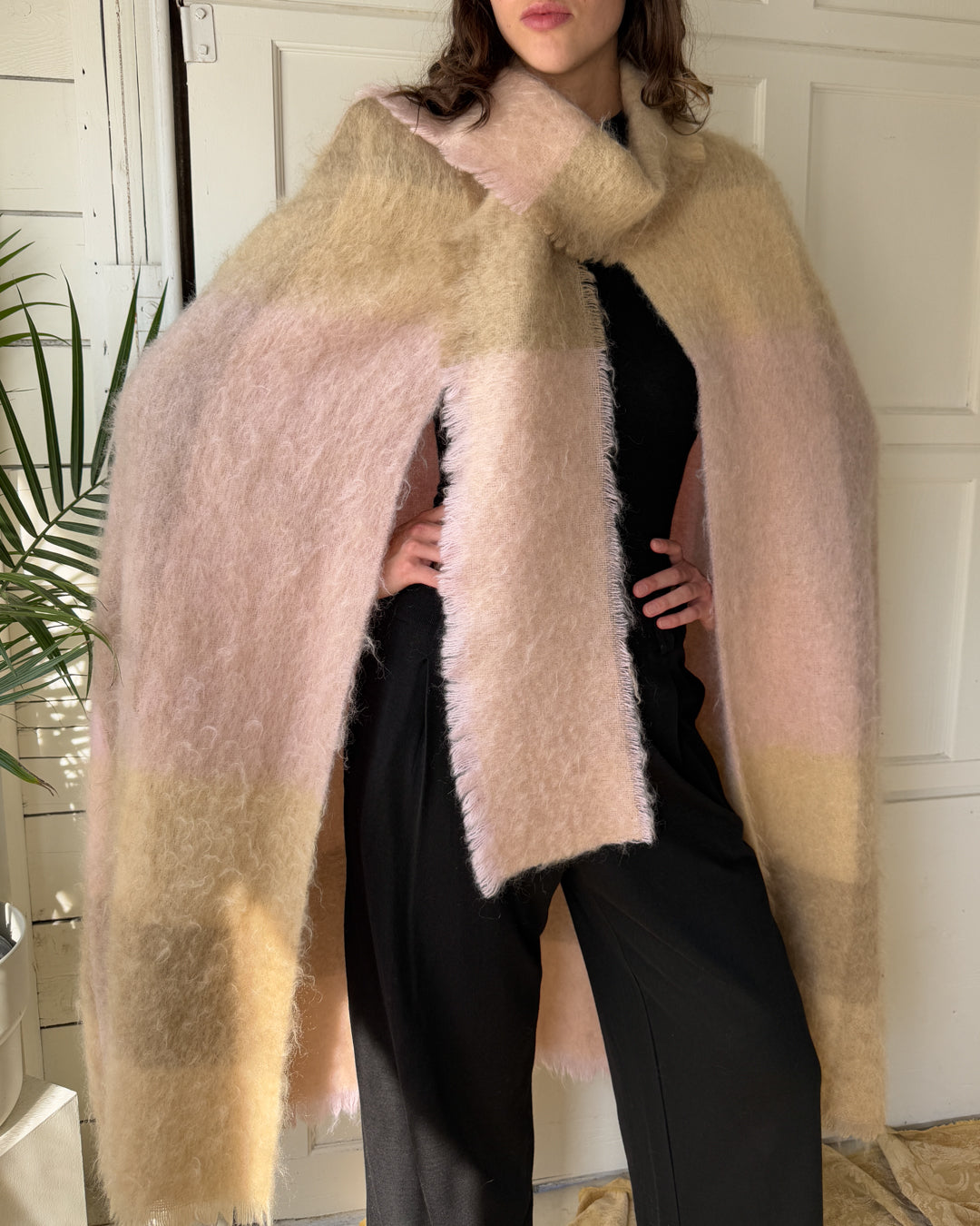 80s Fluffy Plaid Mohair Cape | OSFM