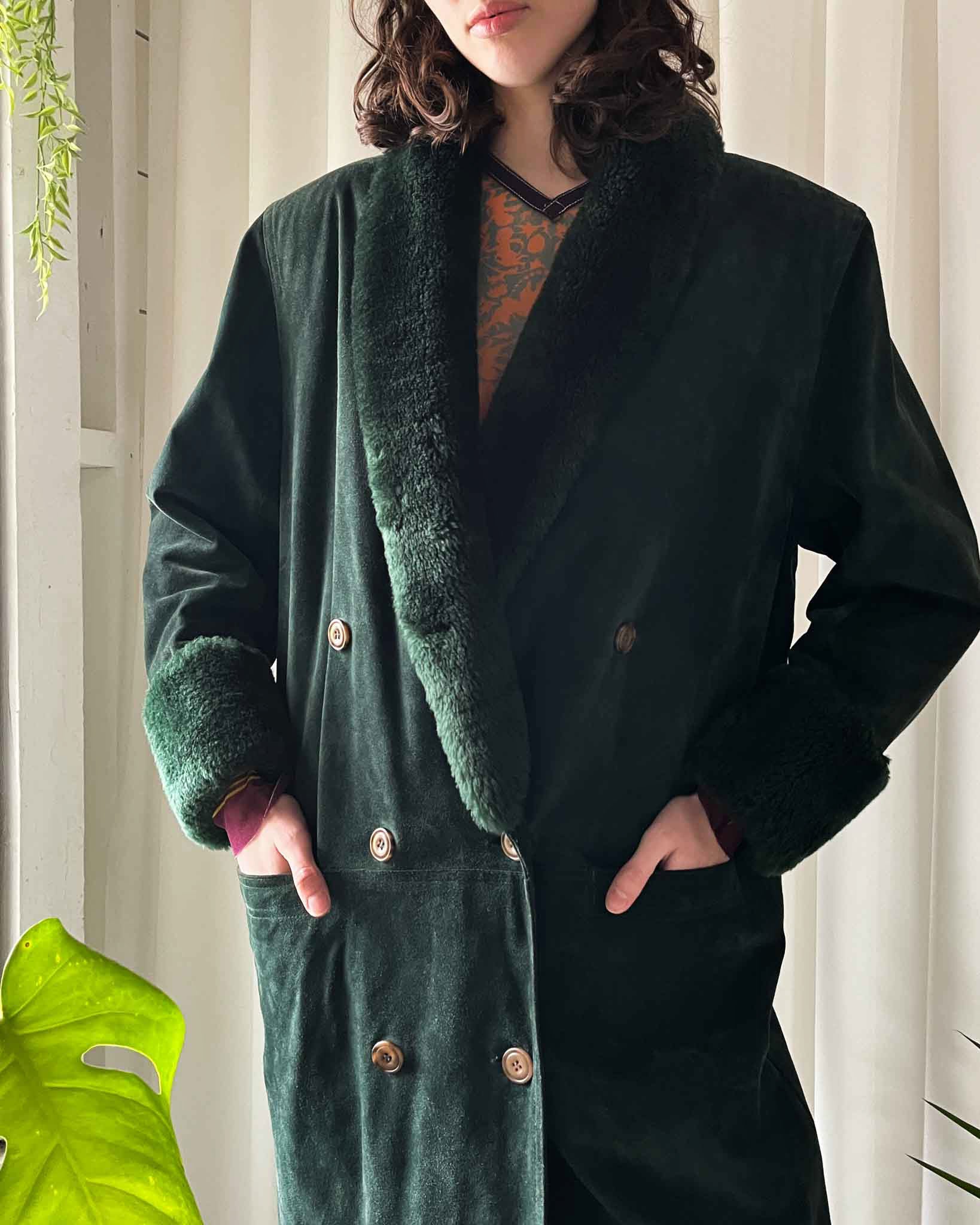 80s Green Shearling Suede Coat | M-L