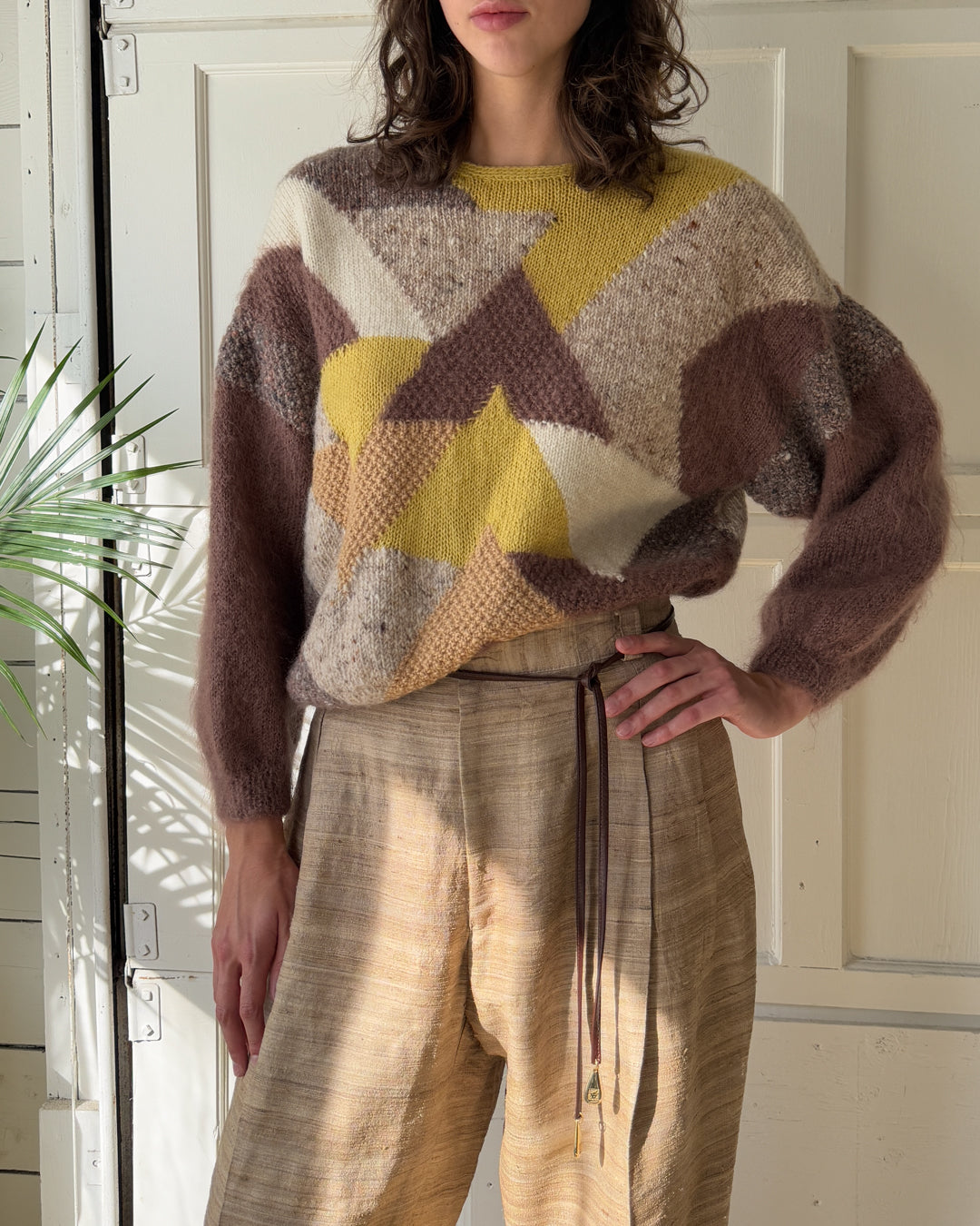 80s Geometric Hand Knit Sweater | M-L