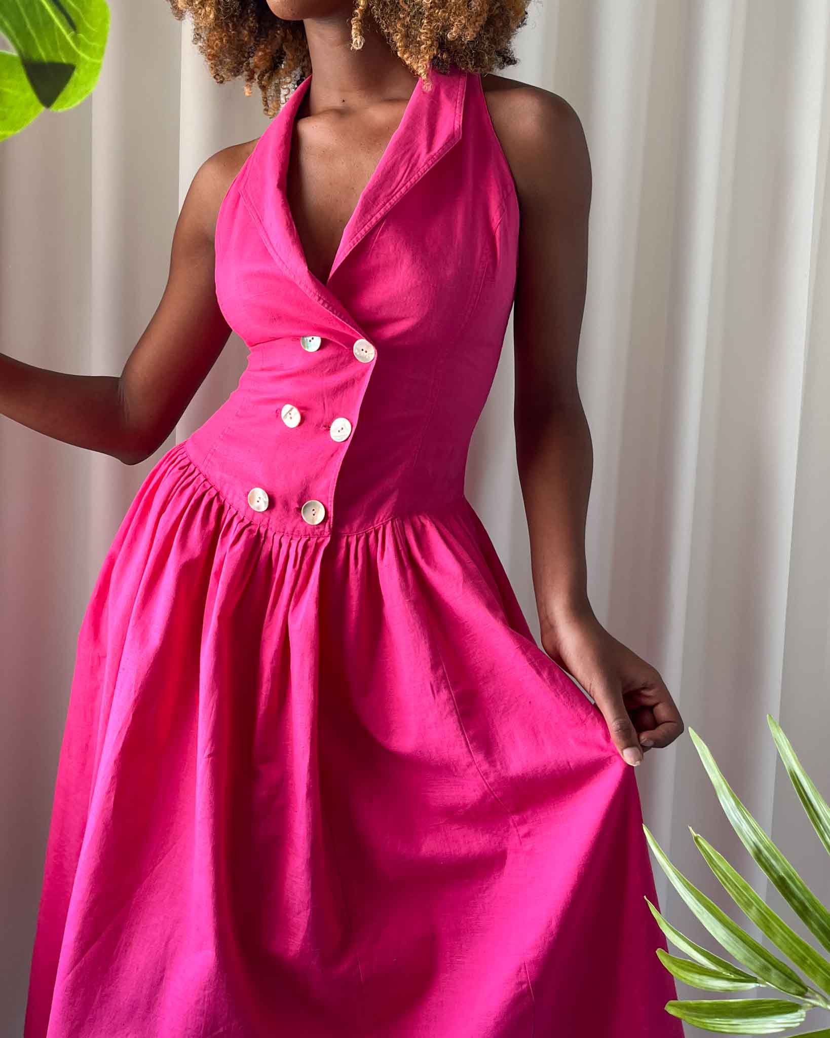 80s Pink Linen Dress | M