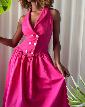 80s Pink Linen Dress | M