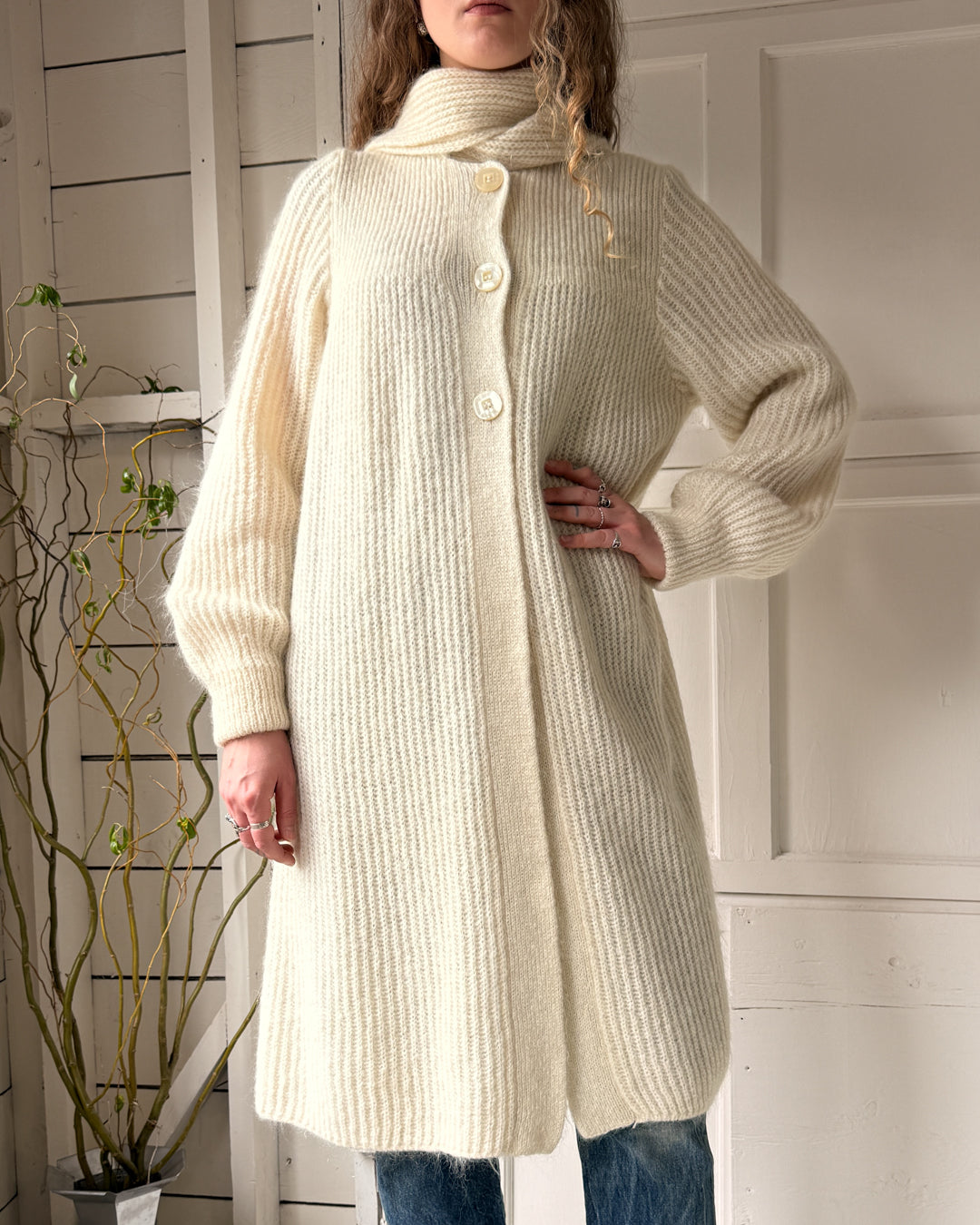 80s Ivory Mohair Sweater Coat | S-M