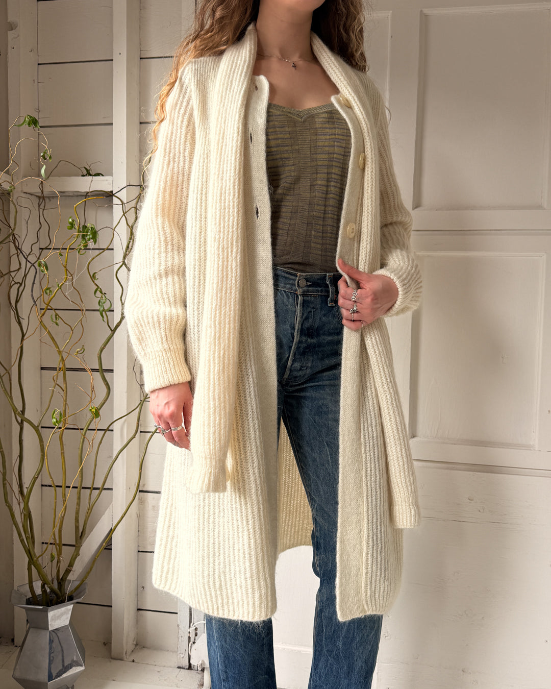 80s Ivory Mohair Sweater Coat | S-M