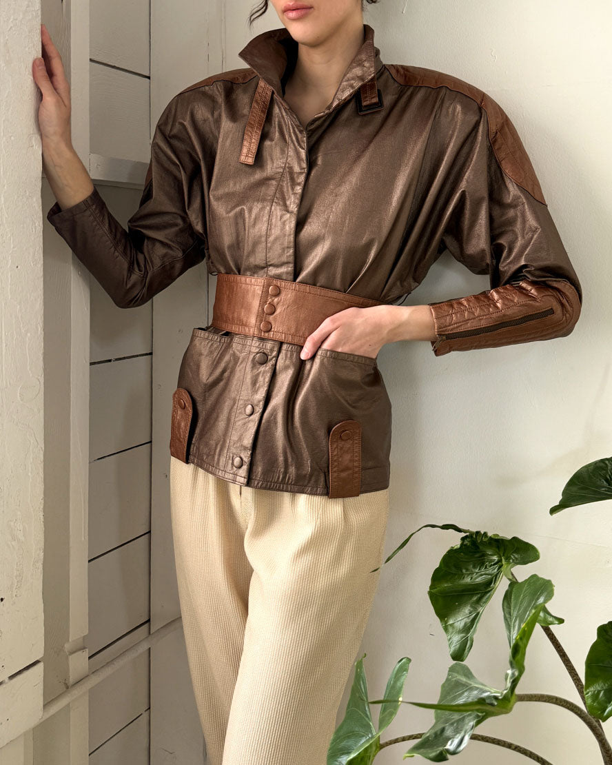 80s Metallic Brown Leather Jacket | S-M - Lucky Vintage
