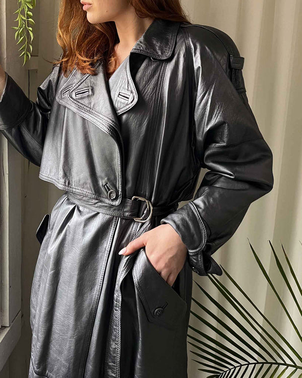 90s Begedor Gunmetal Leather Trench - Lucky Vintage