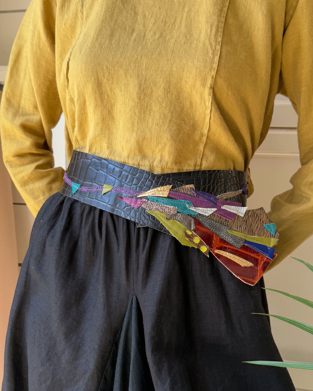 80s Mixed Pattern Leather Belt - Lucky Vintage