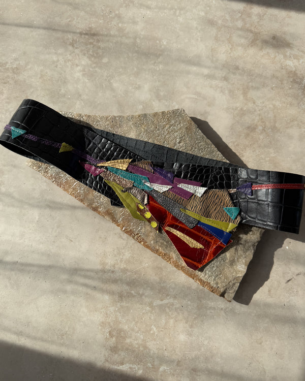 80s Mixed Pattern Leather Belt - Lucky Vintage display picture 1