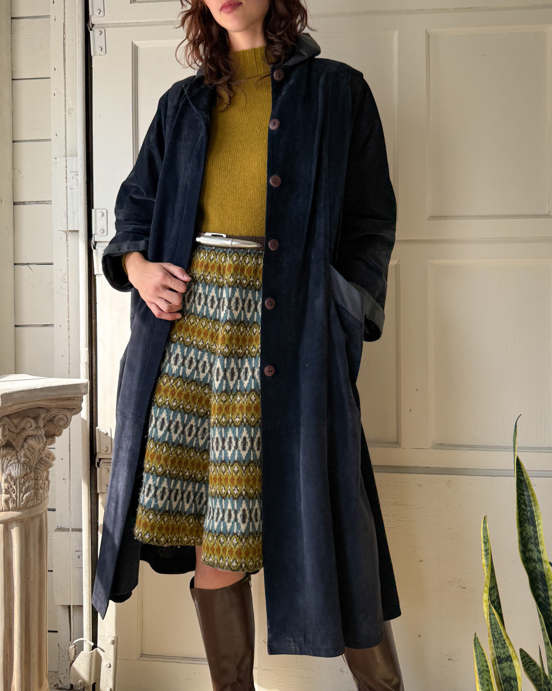 80s Navy Suede Swing Coat | M-L