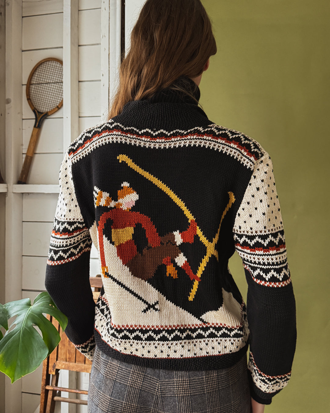 80s Novelty Knit Ski Cardigan | L