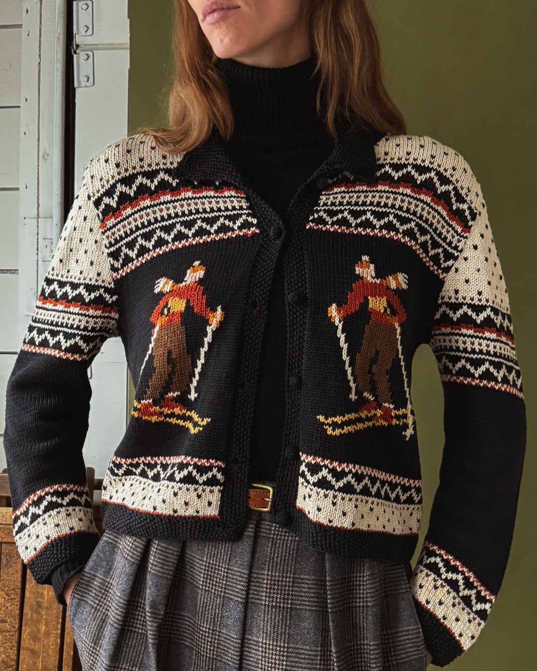 80s Novelty Knit Ski Cardigan | L