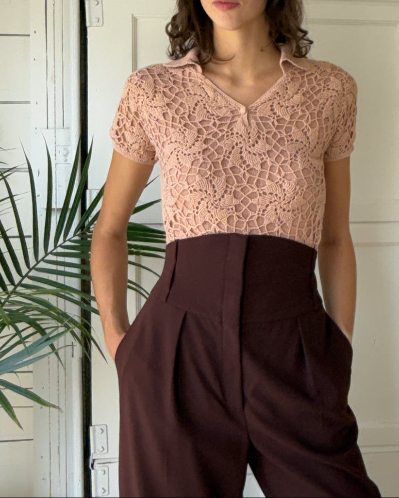 80s Peach Cotton Crochet Top | S