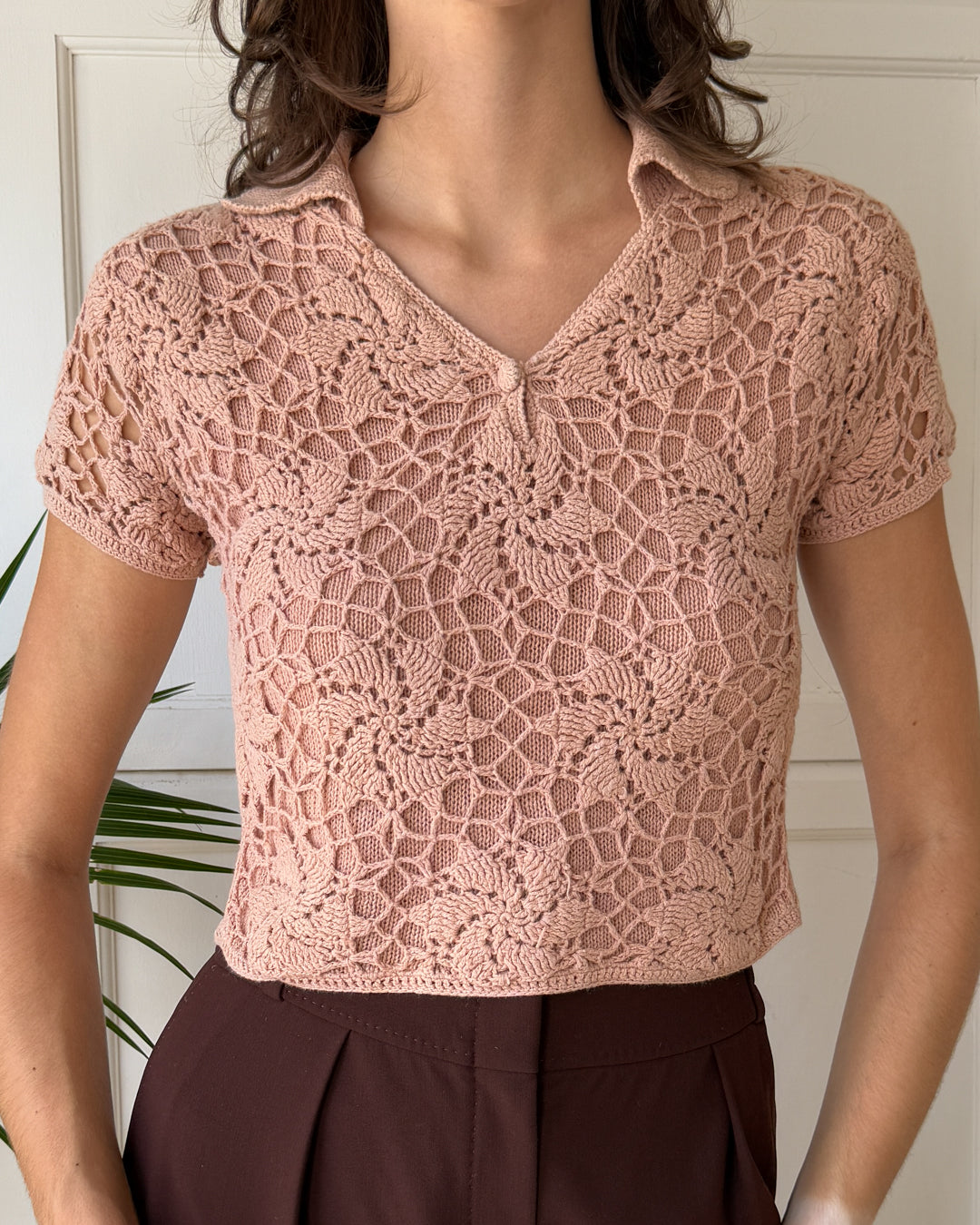 80s Peach Cotton Crochet Top | S