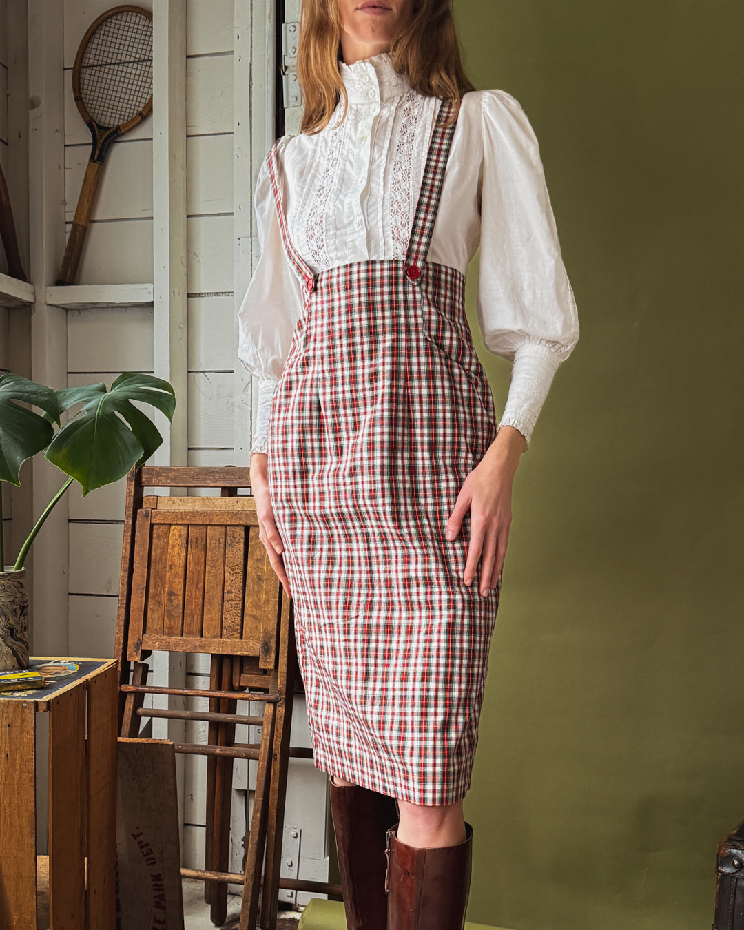 50s Plaid Cotton Suspender Skirt | S