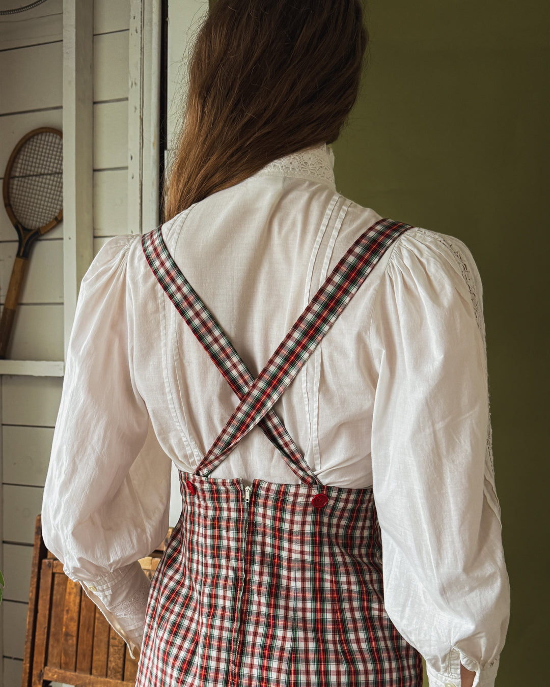 50s Plaid Cotton Suspender Skirt | S