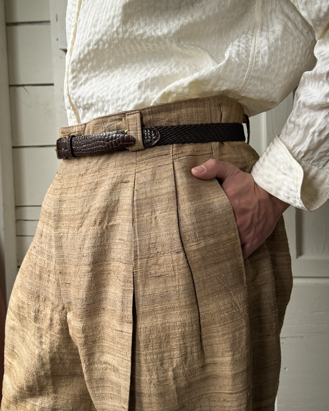 80s Woven Raw Silk Pants | 34x33 - Lucky Vintage