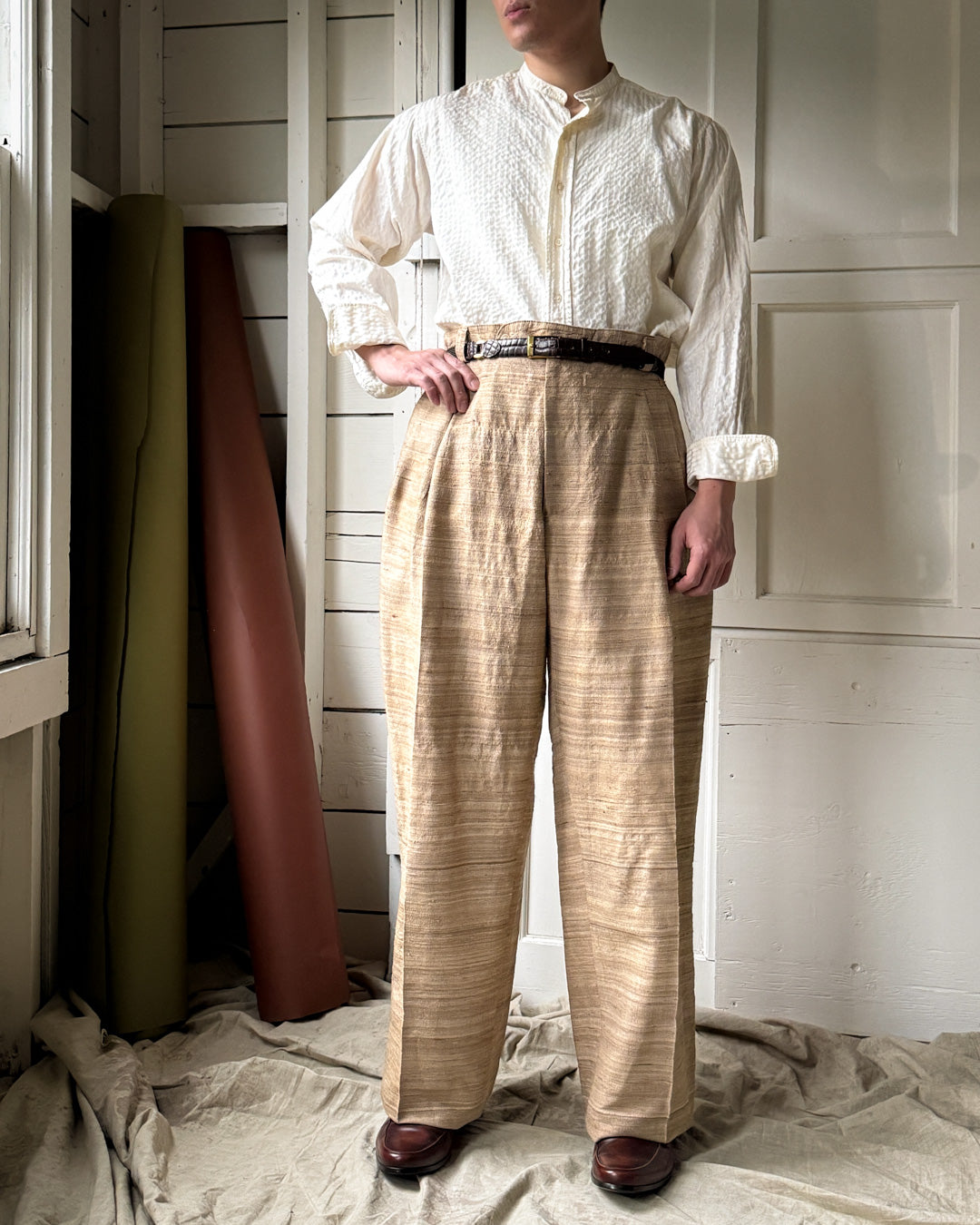 80s Woven Raw Silk Pants | 34x33 - Lucky Vintage