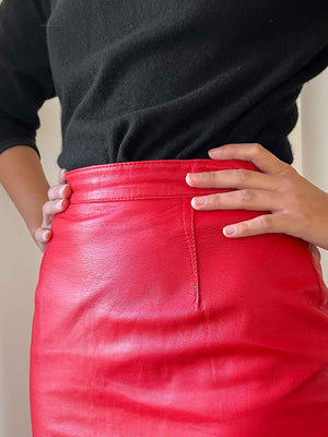 80s Red Leather Midi Skirt