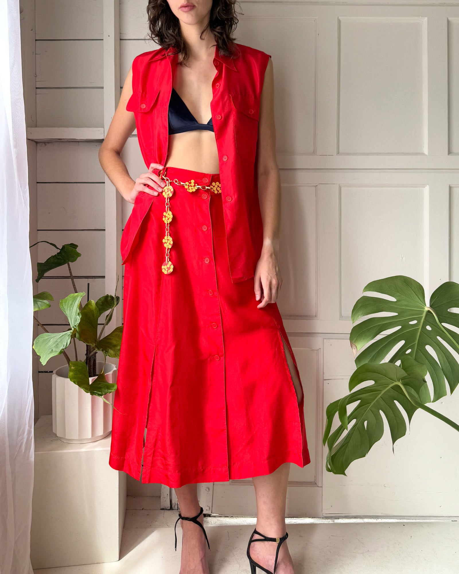 90s Red Silk Top & Skirt Ensemble | S