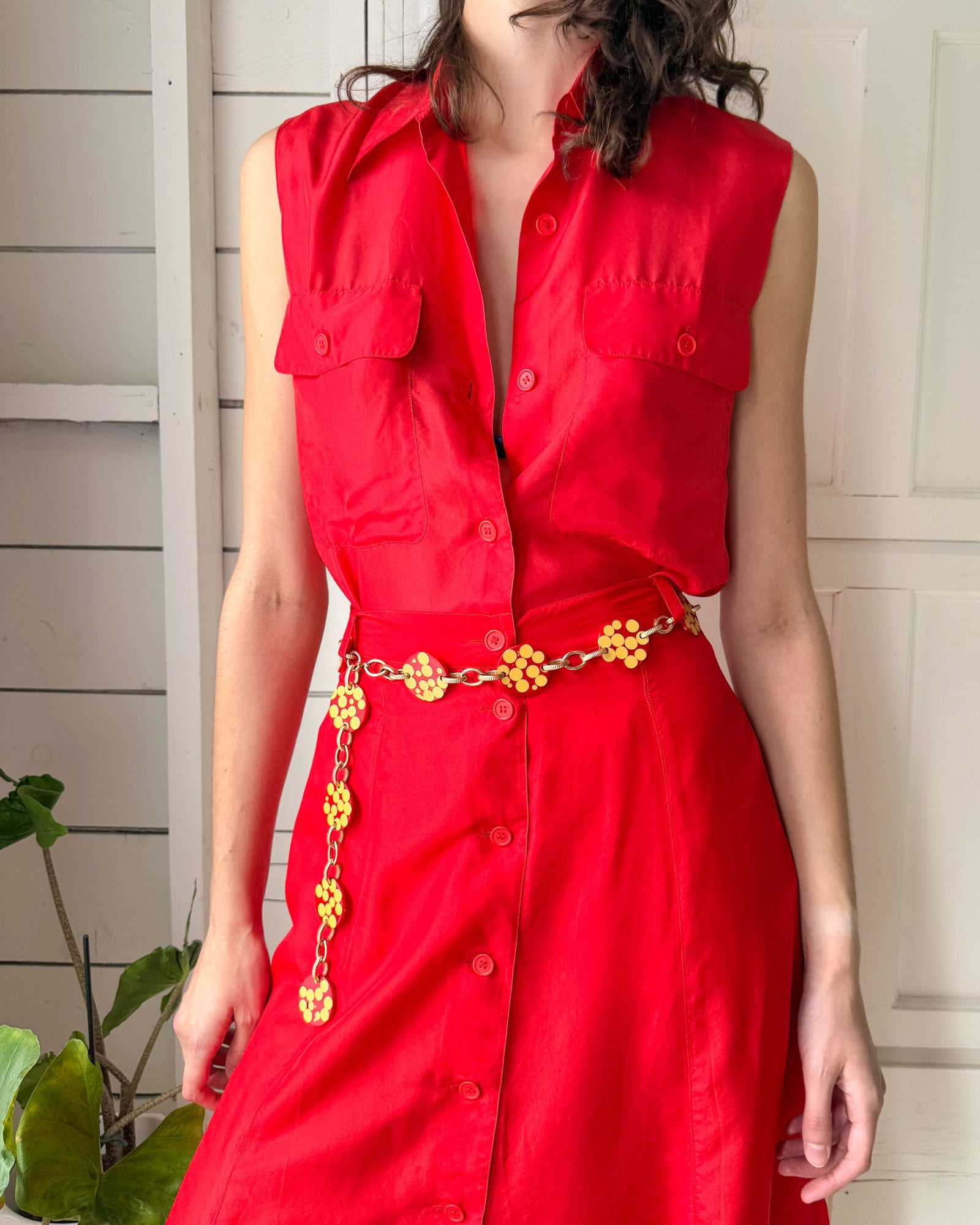 90s Red Silk Top & Skirt Ensemble | S