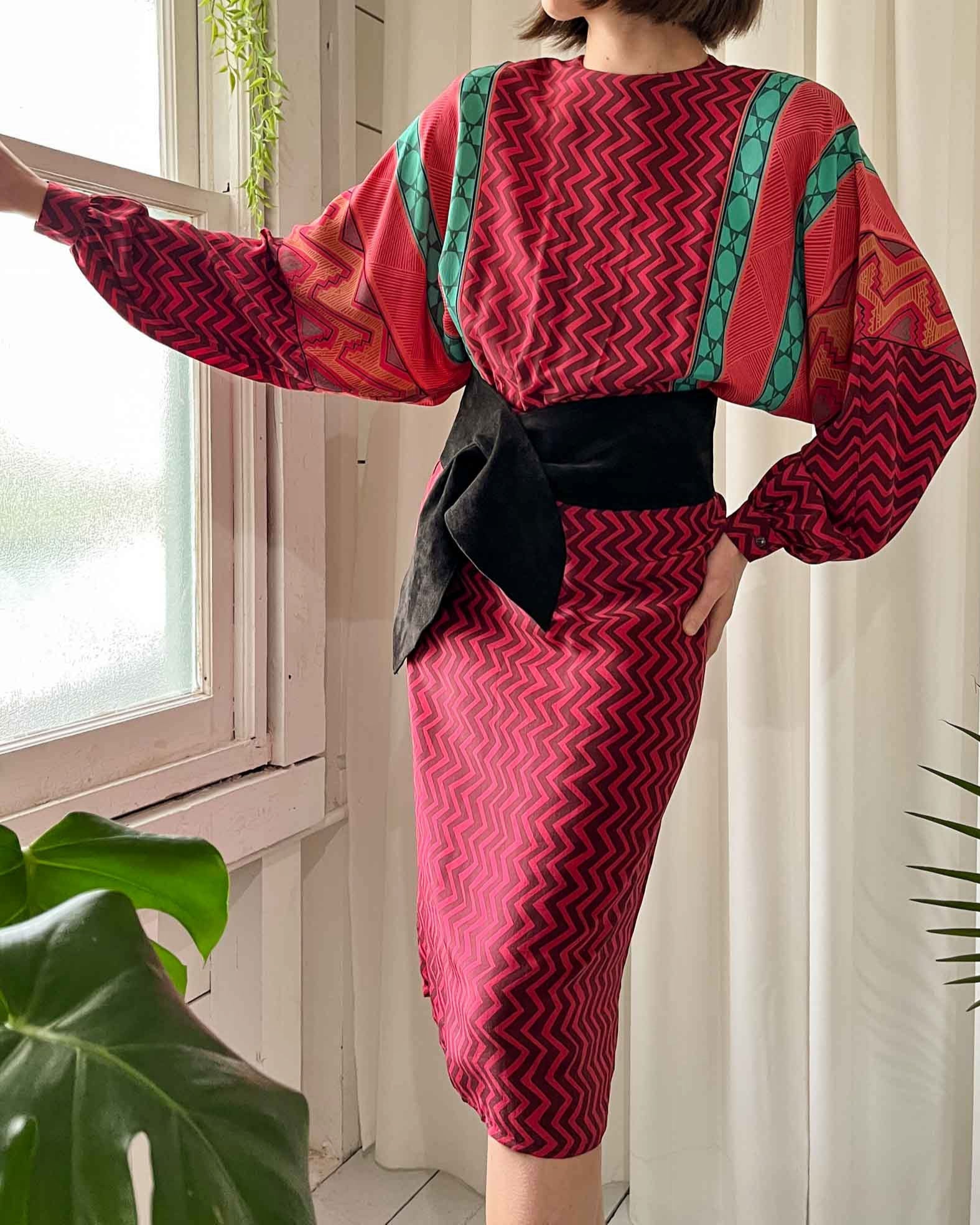 80s Mixed Print Silk Dress | XS-S