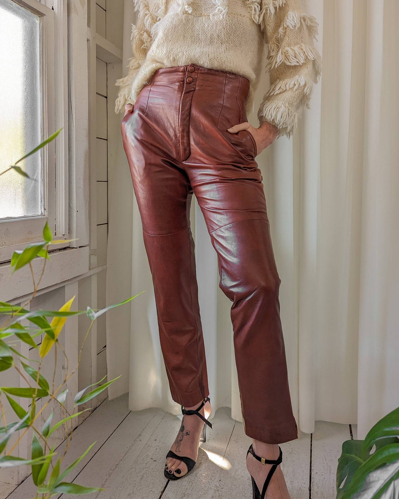 80s High Waist Leather Pants | M